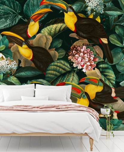 bloemenbehang met de naam Floral and Birds Vintage Garden Night II van Burcu Korkmazyurek bloemenbehang met de naam Floral and Birds Vintage Garden Night II van Burcu Korkmazyurek