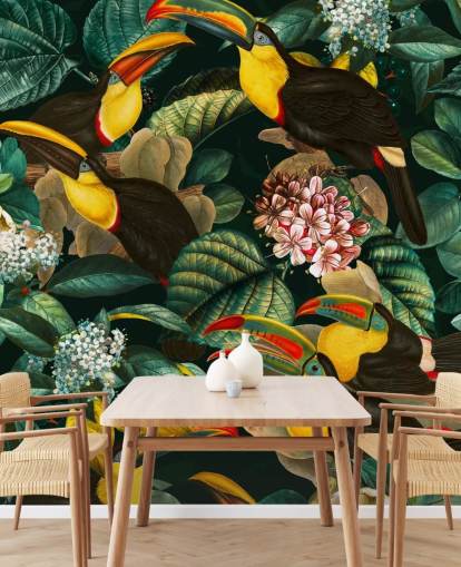 bloemenbehang met de naam Floral and Birds Vintage Garden Night II van Burcu Korkmazyurek