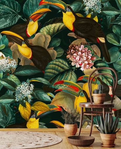 blomstertapet veggmaleri kalt Floral and Birds Vintage Garden Night II av Burcu Korkmazyurek