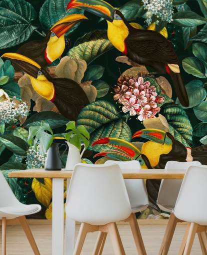 floral wallpaper mural called Floral and Birds Vintage Garden Night II by Burcu Korkmazyurek