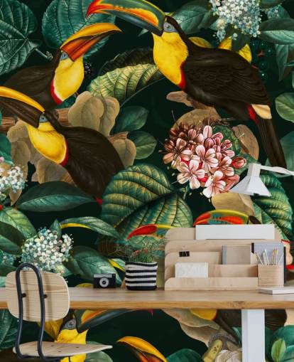 mural de papel de parede floral chamado Floral and Birds Vintage Garden Night II de Burcu Korkmazyurek mural de papel de parede floral chamado Floral and Birds Vintage Garden Night II de Burcu Korkmazyurek