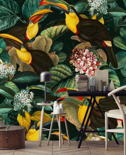 carta da parati murale floreale chiamata Floral and Birds Vintage Garden Night II di Burcu Korkmazyurek