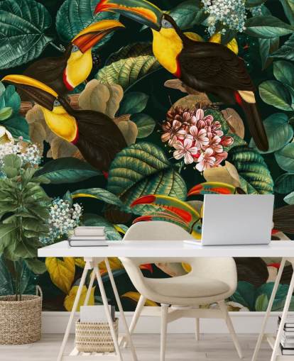 floral wallpaper mural called Floral and Birds Vintage Garden Night II by Burcu Korkmazyurek
