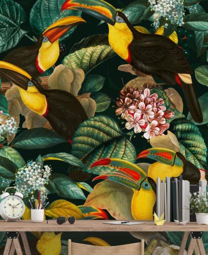 mural de papel de parede floral chamado Floral and Birds Vintage Garden Night II de Burcu Korkmazyurek