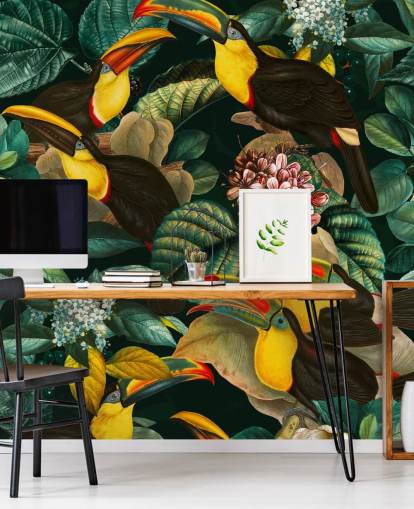 floral wallpaper mural called Floral and Birds Vintage Garden Night II by Burcu Korkmazyurek