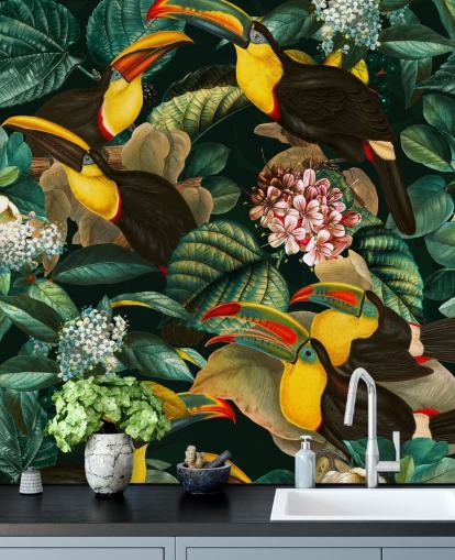 floral wallpaper mural called Floral and Birds Vintage Garden Night II by Burcu Korkmazyurek floral wallpaper mural called Floral and Birds Vintage Garden Night II by Burcu Korkmazyurek