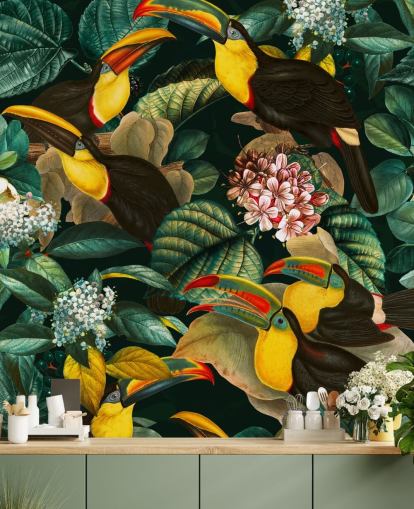 floral wallpaper mural called Floral and Birds Vintage Garden Night II by Burcu Korkmazyurek