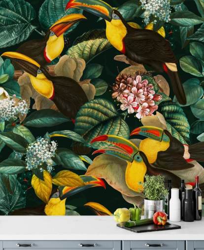 mural de papel pintado floral llamado Floral and Birds Vintage Garden Night II de Burcu Korkmazyurek mural de papel pintado floral llamado Floral and Birds Vintage Garden Night II de Burcu Korkmazyurek