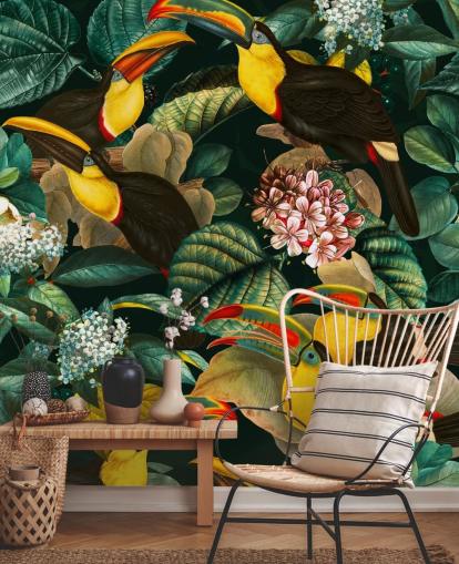 floral wallpaper mural called Floral and Birds Vintage Garden Night II by Burcu Korkmazyurek floral wallpaper mural called Floral and Birds Vintage Garden Night II by Burcu Korkmazyurek