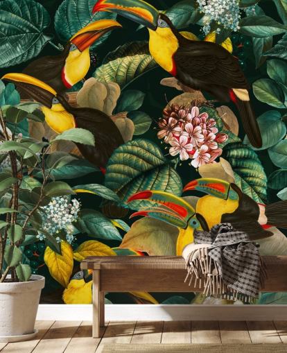 Blumentapete mit dem Titel Floral and Birds Vintage Garden Night II von Burcu Korkmazyurek