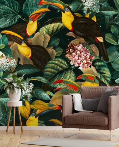 mural de papel pintado floral llamado Floral and Birds Vintage Garden Night II de Burcu Korkmazyurek mural de papel pintado floral llamado Floral and Birds Vintage Garden Night II de Burcu Korkmazyurek