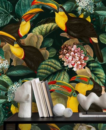 bloemenbehang met de naam Floral and Birds Vintage Garden Night II van Burcu Korkmazyurek bloemenbehang met de naam Floral and Birds Vintage Garden Night II van Burcu Korkmazyurek