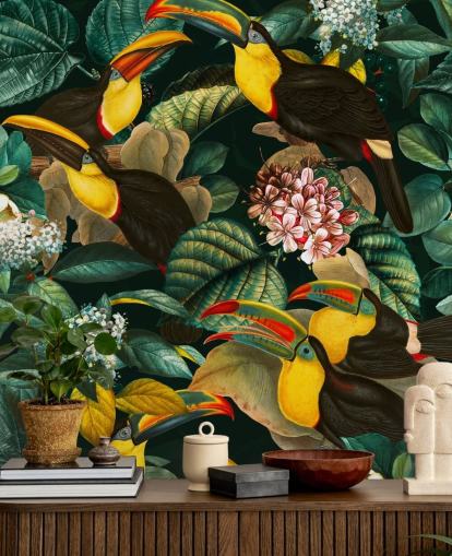 floral wallpaper mural called Floral and Birds Vintage Garden Night II by Burcu Korkmazyurek