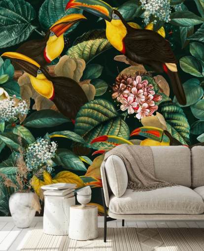 carta da parati murale floreale chiamata Floral and Birds Vintage Garden Night II di Burcu Korkmazyurek