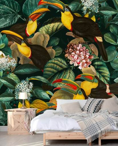 floral wallpaper mural called Floral and Birds Vintage Garden Night II by Burcu Korkmazyurek