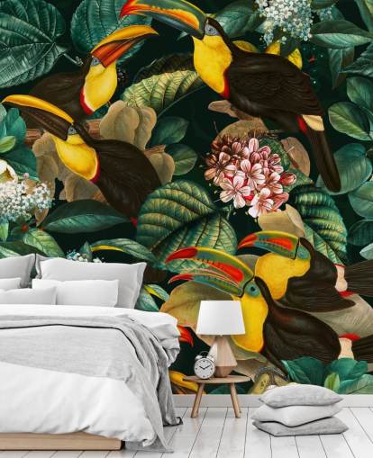 floral wallpaper mural called Floral and Birds Vintage Garden Night II by Burcu Korkmazyurek
