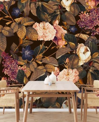dark floral wallpaper mural called Garden of Eden III Night by Burcu Korkmazyurek for bedrooms