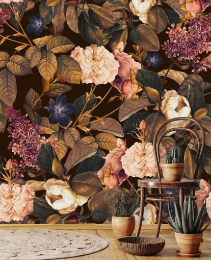 tumma kukka-taustakuvamaalaus nimeltä Garden of Eden III Night, kirjoittanut Burcu Korkmazyurek makuuhuoneisiin