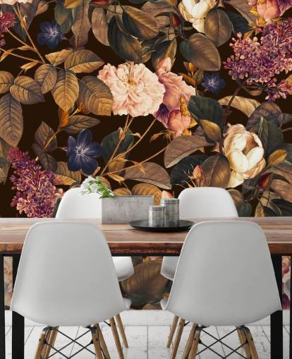 dark floral wallpaper mural called Garden of Eden III Night by Burcu Korkmazyurek for bedrooms
