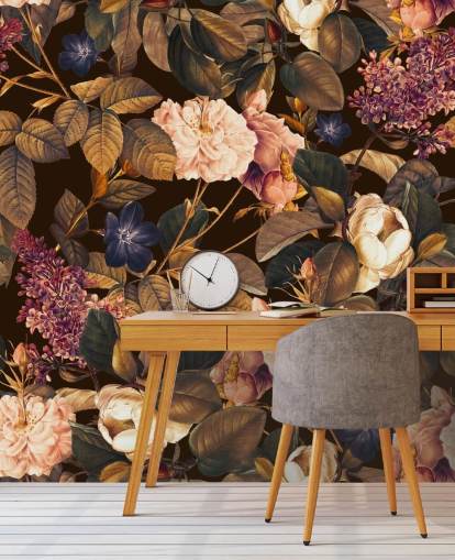dark floral wallpaper mural called Garden of Eden III Night by Burcu Korkmazyurek for bedrooms