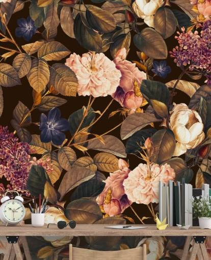 dark floral wallpaper mural called Garden of Eden III Night by Burcu Korkmazyurek for bedrooms