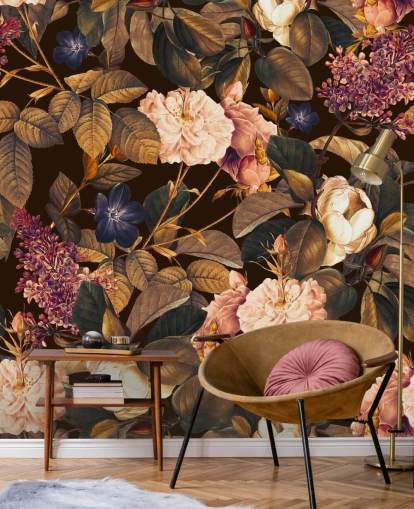 dark floral wallpaper mural called Garden of Eden III Night by Burcu Korkmazyurek for bedrooms