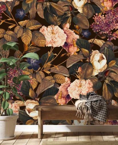 dark floral wallpaper mural called Garden of Eden III Night by Burcu Korkmazyurek for bedrooms