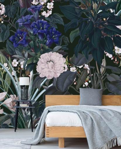 trädgård tapetväggmålning kallad Midnight Garden IX av Burcu Korkmazyurek för sovrum och lounger