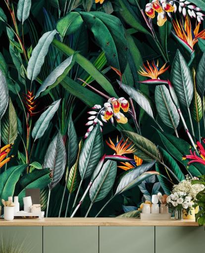 mural de papel pintado botánico llamado Midnight Garden V de Burcu Korkmazyurek para dormitorios y baños