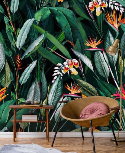 botanische muurschildering genaamd Midnight Garden V van Burcu Korkmazyurek voor slaapkamers en badkamers botanische muurschildering genaamd Midnight Garden V van Burcu Korkmazyurek voor slaapkamers en badkamers