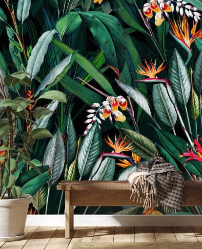 botanical wallpaper mural called Midnight Garden V by Burcu Korkmazyurek for bedrooms and bathrooms