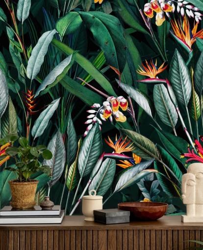 botanical wallpaper mural called Midnight Garden V by Burcu Korkmazyurek for bedrooms and bathrooms