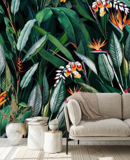 botanische muurschildering genaamd Midnight Garden V van Burcu Korkmazyurek voor slaapkamers en badkamers