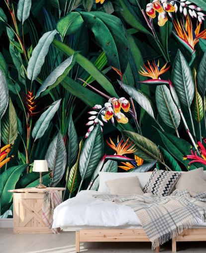 botanical wallpaper mural called Midnight Garden V by Burcu Korkmazyurek for bedrooms and bathrooms