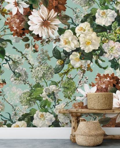 bloemenmuurschildering genaamd Midnight Garden XIII van Burcu Korkmazyurek voor lounges en slaapkamers