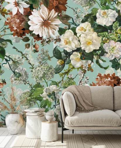 bloemenmuurschildering genaamd Midnight Garden XIII van Burcu Korkmazyurek voor lounges en slaapkamers bloemenmuurschildering genaamd Midnight Garden XIII van Burcu Korkmazyurek voor lounges en slaapkamers