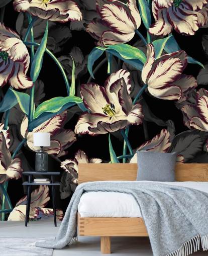 große Blumentapete namens Night Forest XIII von Burcu Korkmazyurek für Schlafzimmer und Lounges
