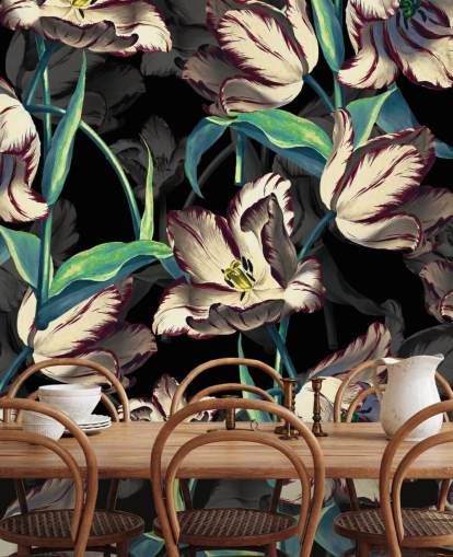 grote muurschildering met bloemen genaamd Night Forest XIII van Burcu Korkmazyurek voor slaapkamers en lounges