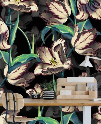 large floral wallpaper mural called Night Forest XIII by Burcu Korkmazyurek for bedrooms and lounges
