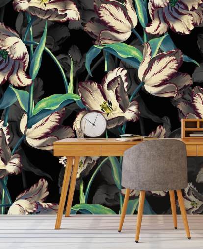 large floral wallpaper mural called Night Forest XIII by Burcu Korkmazyurek for bedrooms and lounges