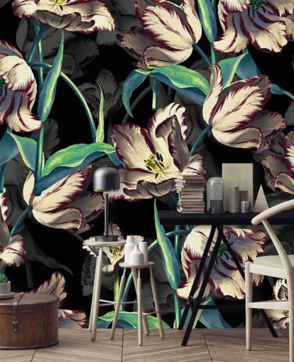 grand papier peint floral intitulé Night Forest XIII de Burcu Korkmazyurek pour les chambres et les salons