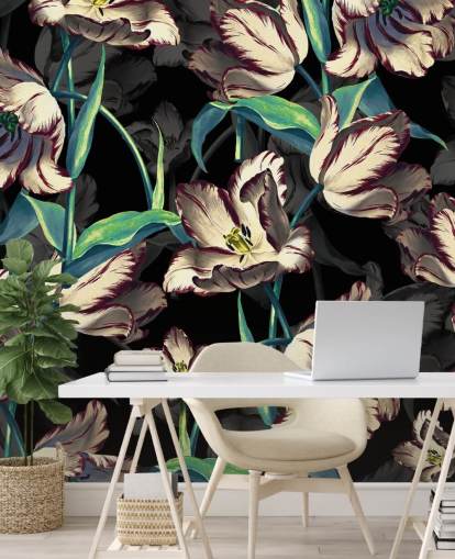 large floral wallpaper mural called Night Forest XIII by Burcu Korkmazyurek for bedrooms and lounges
