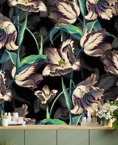 grande mural de papel de parede floral chamado Night Forest XIII de Burcu Korkmazyurek para quartos e salões