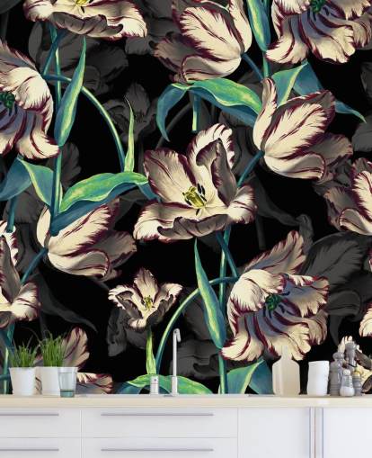 große Blumentapete namens Night Forest XIII von Burcu Korkmazyurek für Schlafzimmer und Lounges