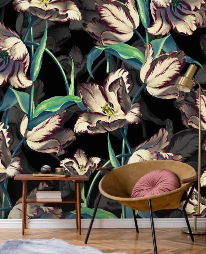 gran mural de papel pintado floral llamado Night Forest XIII de Burcu Korkmazyurek para dormitorios y salones