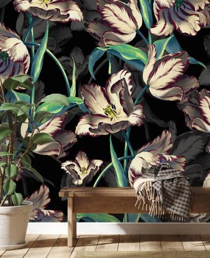 große Blumentapete namens Night Forest XIII von Burcu Korkmazyurek für Schlafzimmer und Lounges