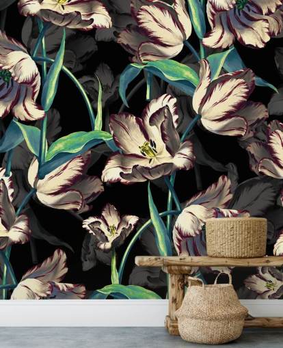 large floral wallpaper mural called Night Forest XIII by Burcu Korkmazyurek for bedrooms and lounges