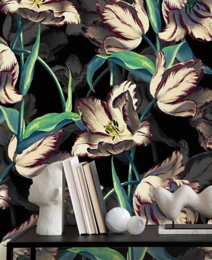 large floral wallpaper mural called Night Forest XIII by Burcu Korkmazyurek for bedrooms and lounges