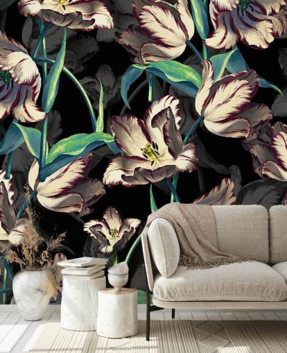 große Blumentapete namens Night Forest XIII von Burcu Korkmazyurek für Schlafzimmer und Lounges