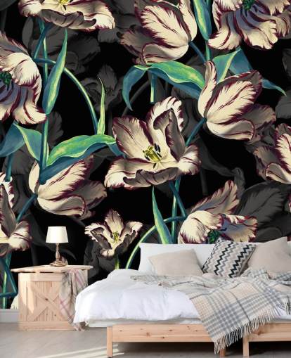 large floral wallpaper mural called Night Forest XIII by Burcu Korkmazyurek for bedrooms and lounges